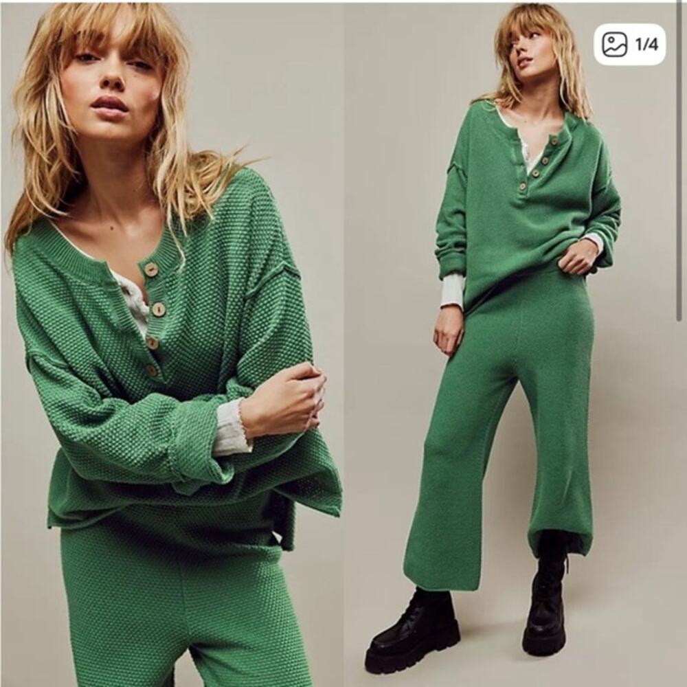 Free People Beach Hailee Waffle Knit Set Green Henley Top Wide Leg Pants XS
